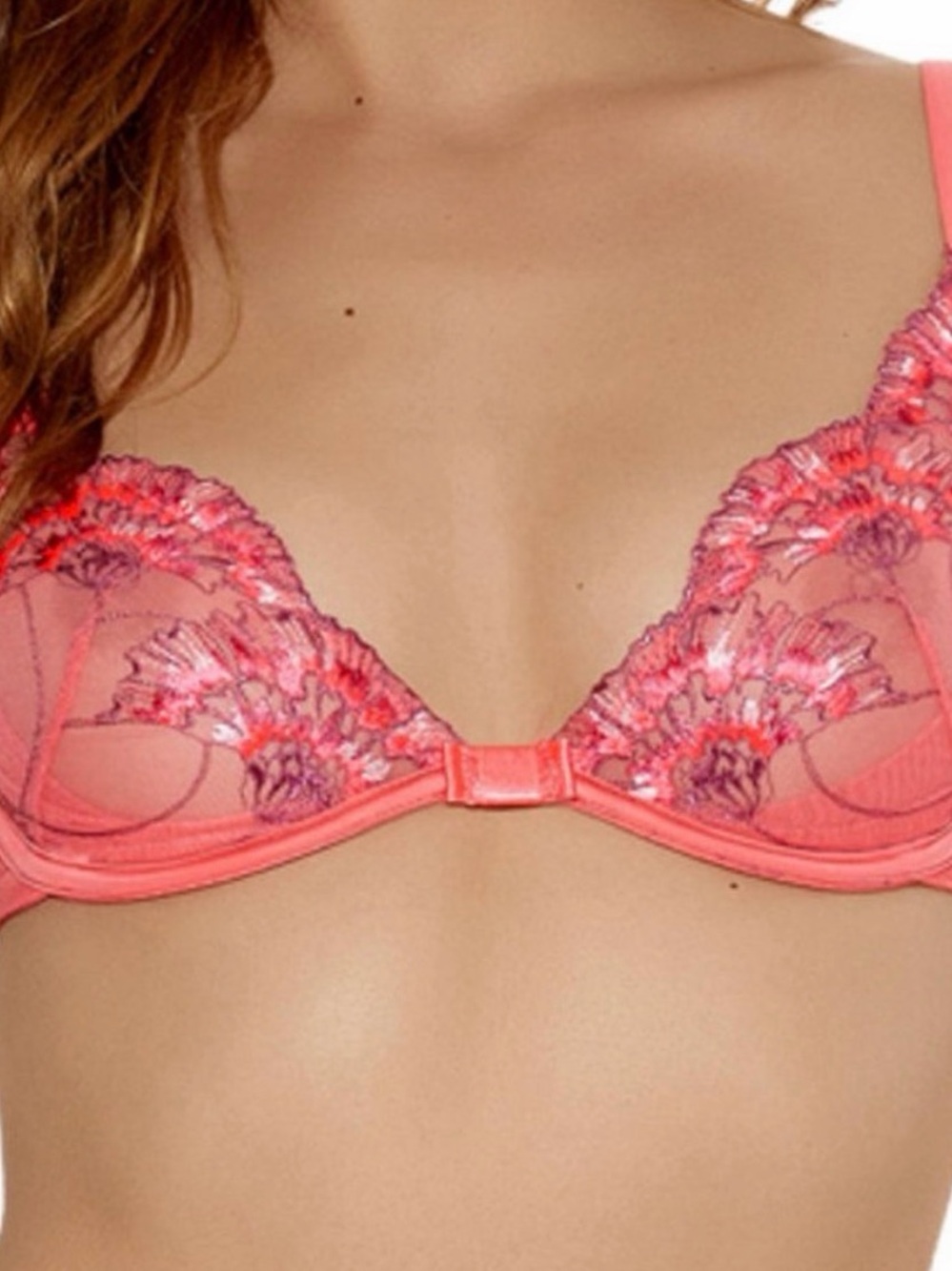 NWT Wacoal Dahlia 103003 Coral Embroidered Underwire Sheer Plunge Bra Sz 32C